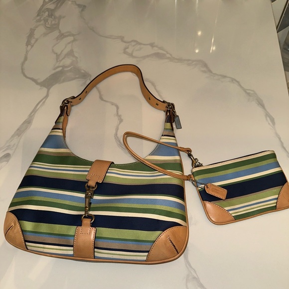 Vintage Y2K Coach Soho Striped Canvas Hobo Shoulder Bag and Matching Wristlet - Picture 2 of 11